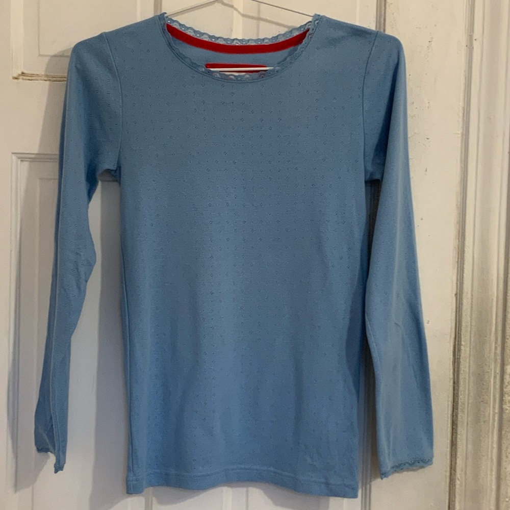 Mini Boden girls Long-Sleeve Light Blue picot lace top in size 15-16